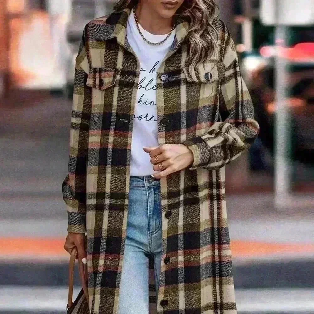 Navy Blue Elegant Women's Plaid Long Sleeve Button Up Shacket